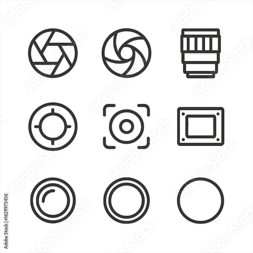 Camera Optics Icons. Outline icon set of camera optics: lens aperture, shutter speed, zoom lens, focus ring, light sensor, image