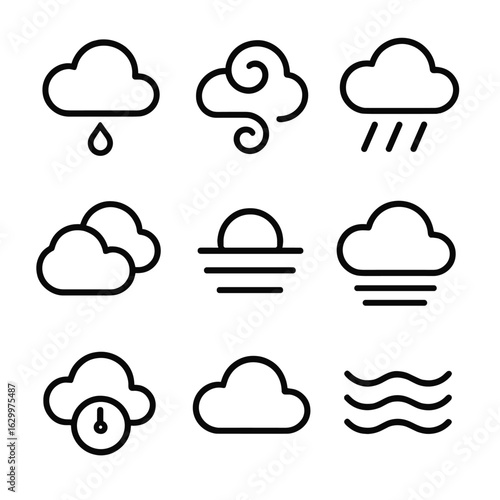 Cloud Pattern Icons. Outline icon set of cloud patterns: condensation droplet, evaporation swirl, cloudburst rain, cloud layering