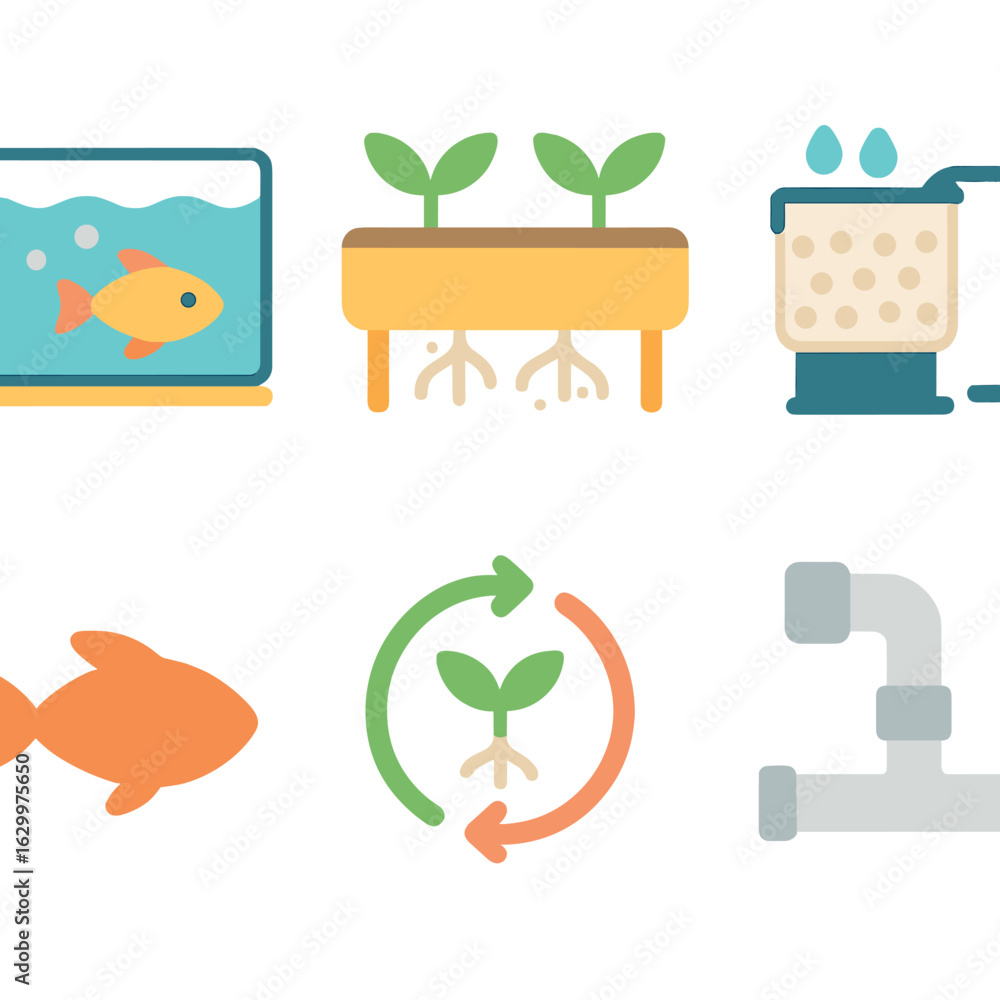 Fototapeta premium Aquaponic Symbiosis Icons. Flat vector mini-illustrations aquaponic symbiotic systems in colors children's illustrations: fish