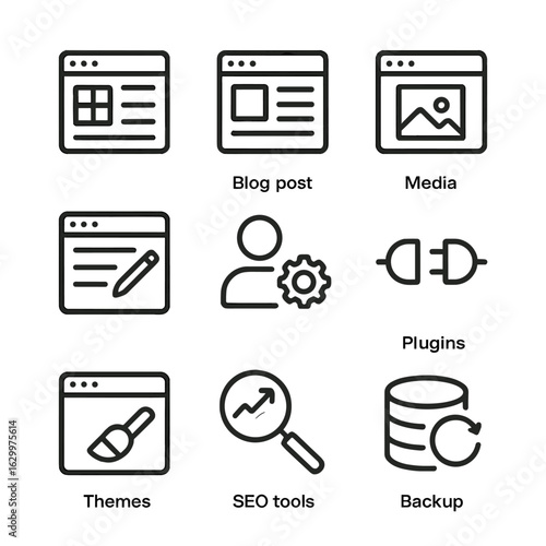 CMS Icon Set. Outline icon set of content management systems: CMS dashboard, blog post, media library, page editor, user roles,