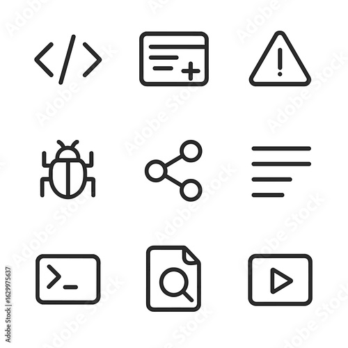 Code Icon Set. Outline icon set of code editing: code brackets, autocomplete icon, error alert, debug bug, version control,