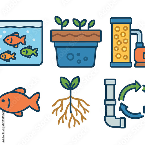Aquaponic Symbiosis Icons. Flat vector mini-illustrations aquaponic symbiotic systems in colors children's illustrations: fish