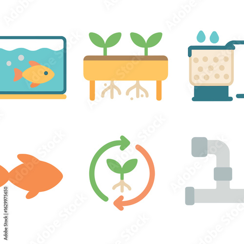Aquaponic Symbiosis Icons. Flat vector mini-illustrations aquaponic symbiotic systems in colors children's illustrations: fish