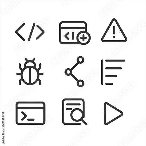 Code Icon Set. Outline icon set of code editing: code brackets, autocomplete icon, error alert, debug bug, version control,