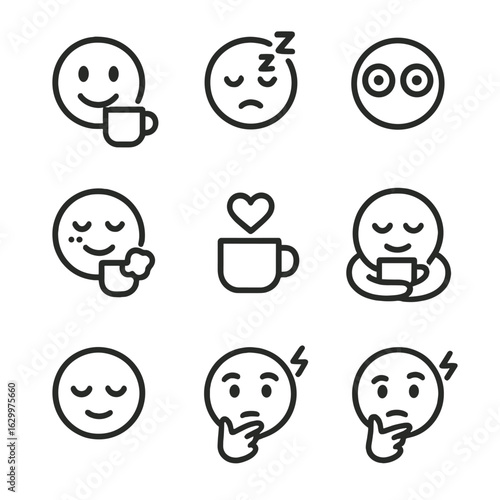 Caffeine Emotion Icons. Outline icon set of caffeine emotions: smile with cup, sleepy face, alert eyes, warm cheeks, sigh cloud,