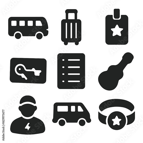 Band Tour Essentials. Solid, filled icons set of band tour essentials: tour bus, luggage, backstage pass,