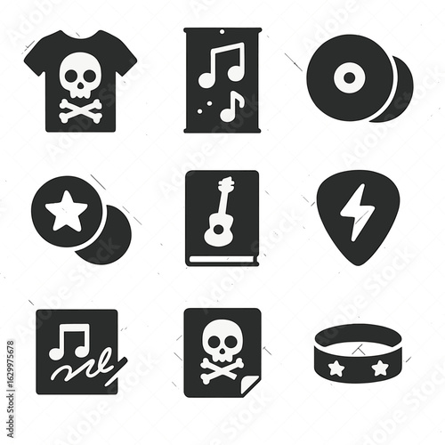 Band Merchandise Icons. Solid, filled icons set of band merchandise: T-shirt, poster, vinyl record, badge,