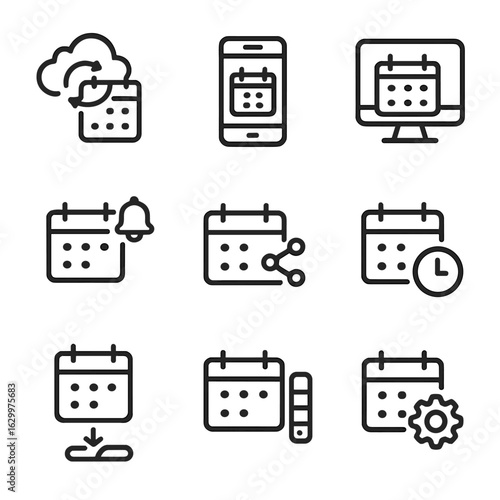 Calendar Feature Icons. Outline icon set of digital calendar features: sync cloud, mobile calendar app, desktop calendar,