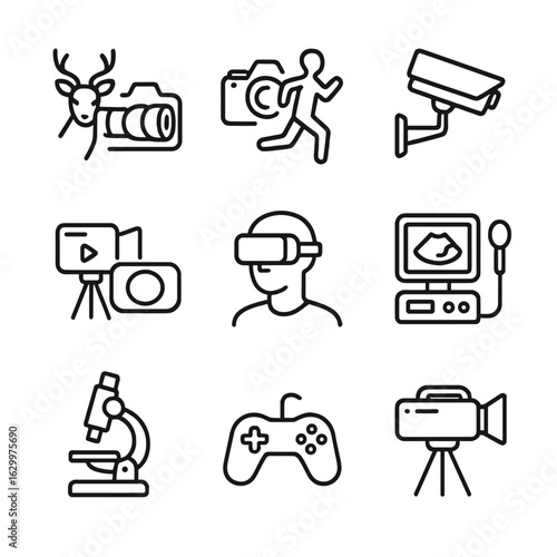 Capture Icon Set. Outline icon set of capture applications: wildlife photography, sports photography, surveillance, video blogging