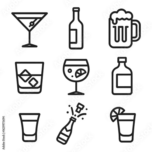 Bar Drink Icons. Outline icon set of Bar drink types: cocktail glass, wine bottle, beer mug, whiskey glass,