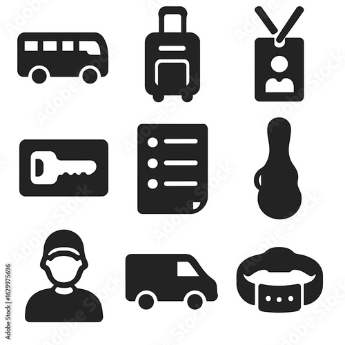 Band Tour Essentials. Solid, filled icons set of band tour essentials: tour bus, luggage, backstage pass,