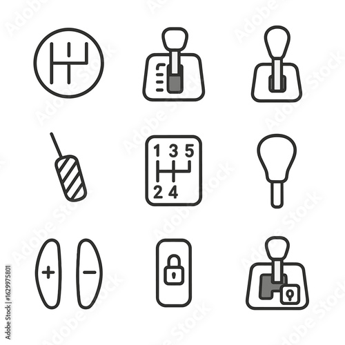 Car Transmission Icons. Outline icon set of mechanical shifts: manual gear, automatic transmission, shift lever, clutch pedal,