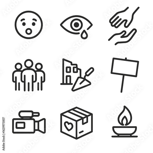 Collapse Aftermath Icons. Outline icon set of collapse aftermath emotions: shock face, crying eye, helping hand, community support