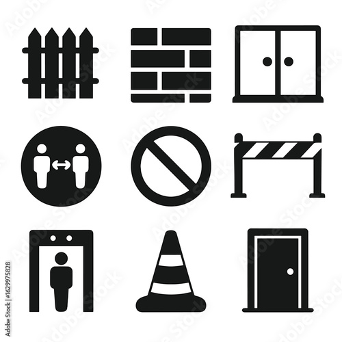 Barrier Icon Set. Solid, filled icons set of physical barriers and boundaries: fence, wall, glass partition,