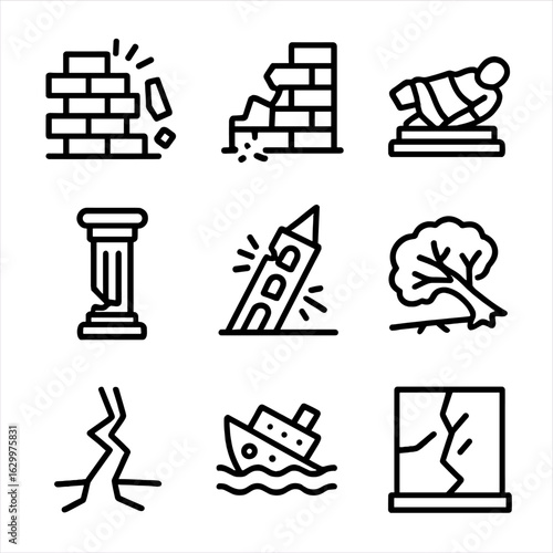 Collapse and Ruin Icons. Outline icon set of collapse and ruin: falling bricks, crumbling wall, toppled statue, broken pillar,