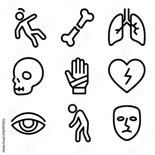 Collapse Health Icons. Outline icon set of collapse health: falling person, broken bone, collapsed lung, cracked skull, injured