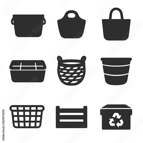 Basket Material Icons. Solid, filled icons set of basket types by material: fabric bin, felt basket, canvas