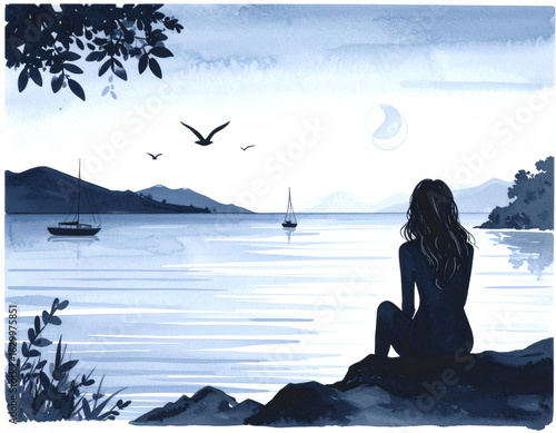 Solitude by the Shore A Tranquil Watercolor Scene