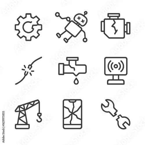 Collapse Machinery Icons. Outline icon set of collapse machinery: broken gear, fallen robot, cracked engine, snapped wire, leaking