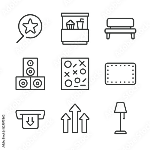 Arcade Icon Set. Outline icon set of arcade environment elements: neon sign, snack counter, seating bench, speaker stack, game