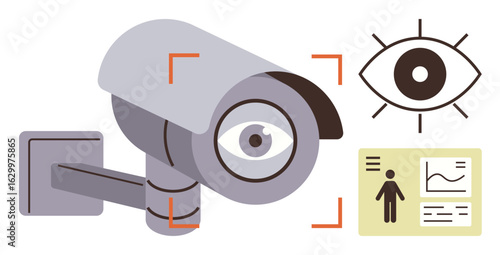 Security camera with an eye inside focuses attention, symbolizing surveillance. Includes a biometric eye scan and identity card with data. Ideal for privacy, security, monitoring, technology