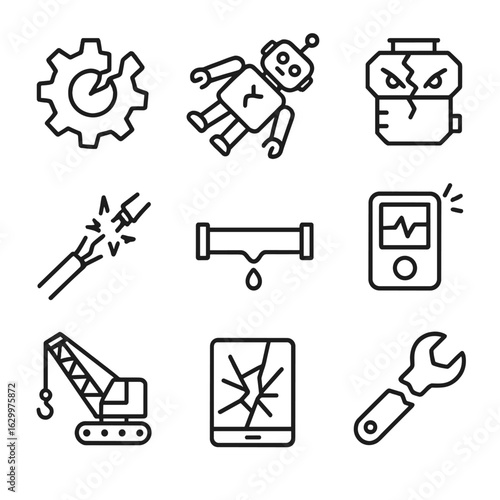 Collapse Machinery Icons. Outline icon set of collapse machinery: broken gear, fallen robot, cracked engine, snapped wire, leaking