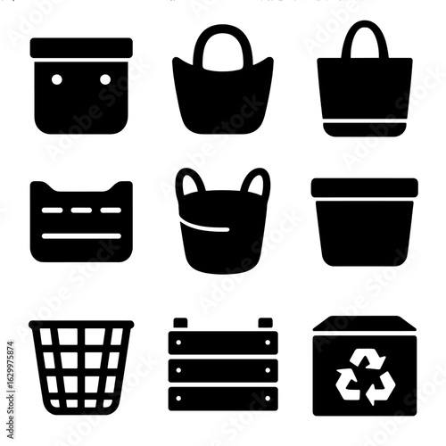 Basket Material Icons. Solid, filled icons set of basket types by material: fabric bin, felt basket, canvas