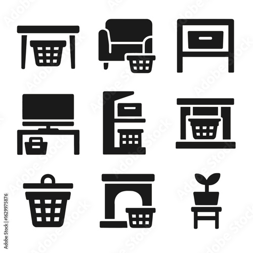 Basket Icons Grid. Solid, filled icons set of basket placement areas: under-coffee-table bin, beside-sofa