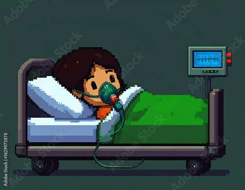Patient in Bed with Oxygen Mask, Pixel Art Illustration