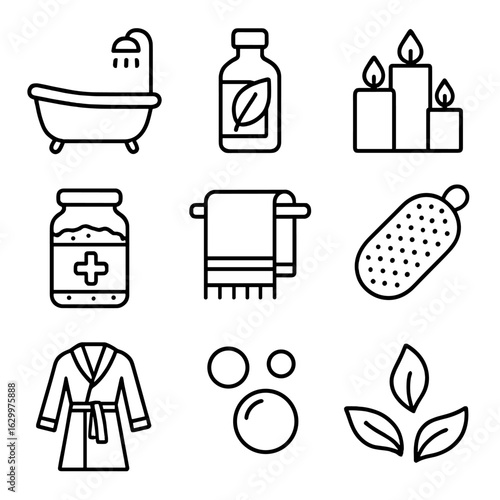 Bath Essentials Icons. Outline icon set of calming bath time essentials: bathtub, essential oil bottle,