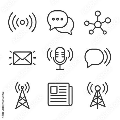 Communication Icon Set. Outline icon set of expansion communication: spreading signals, growing chat bubbles, expanding network