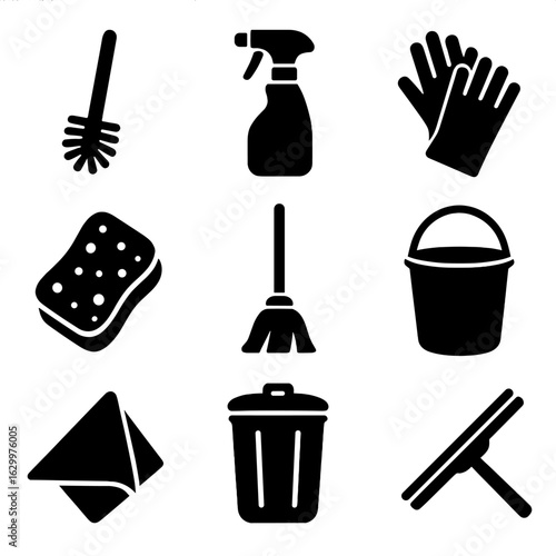 Bathroom Cleaning Icons. Solid, filled icons set of Bathroom cleaning essentials: toilet brush, spray cleaner,