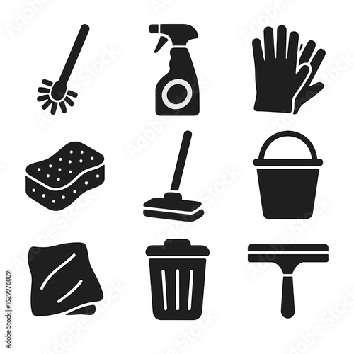 Bathroom Cleaning Icons. Solid, filled icons set of Bathroom cleaning essentials: toilet brush, spray cleaner,