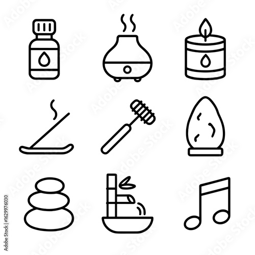 Aromatherapy Icon Set. Outline icon set of aromatherapy and relaxation tools: essential oil bottle, diffuser mist, soy wax candle,