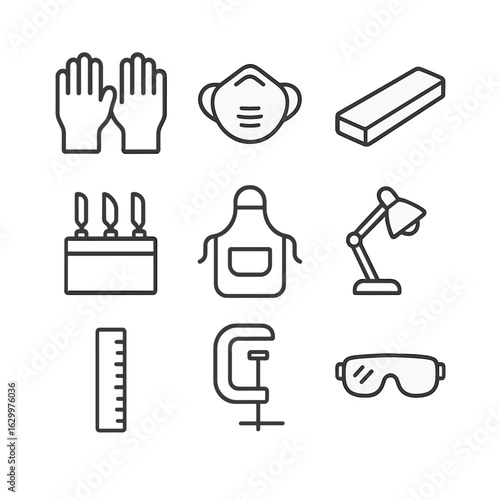 Carving Tools Icon Set. Outline icon set of carving accessories: carving gloves, dust mask, sharpening stone, tool holder, carving