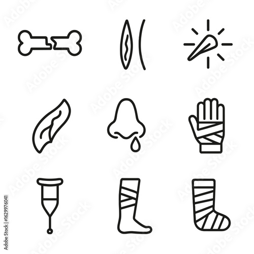 Accident Wound Icons. Outline icon set of wounds from accidents: broken bone, deep cut, splinter, torn skin, bruise, bleeding nose