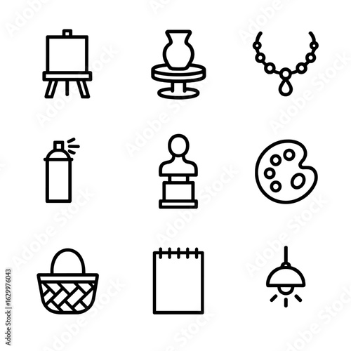 Art Installation Icons. Outline icon set of art installations and craft booths: easel with canvas, pottery wheel, handmade