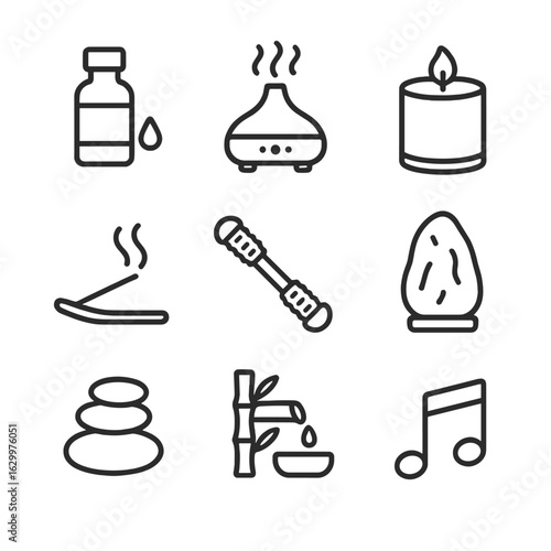 Aromatherapy Icon Set. Outline icon set of aromatherapy and relaxation tools: essential oil bottle, diffuser mist, soy wax candle,