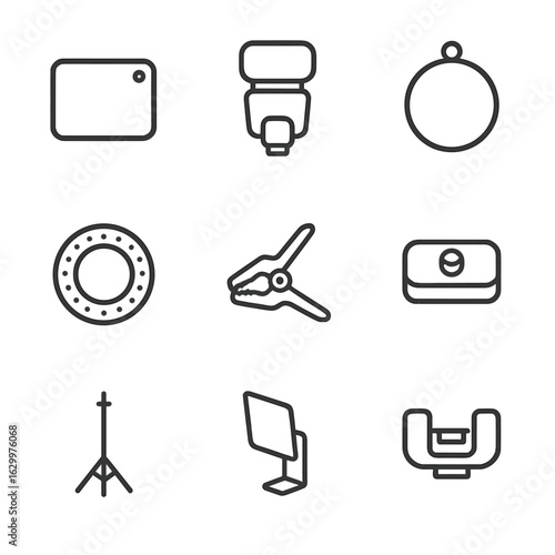 Photo Accessories Icons. Outline icon set of photo accessories in camera bags: grey card, flash diffuser, reflector disc, LED ring