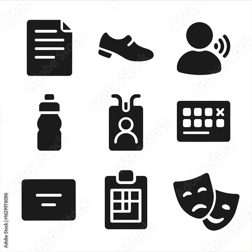 Actor Preparation Icons. Solid, filled icon set of actor preparation: script page, rehearsal shoes, vocal warm-up icon, water
