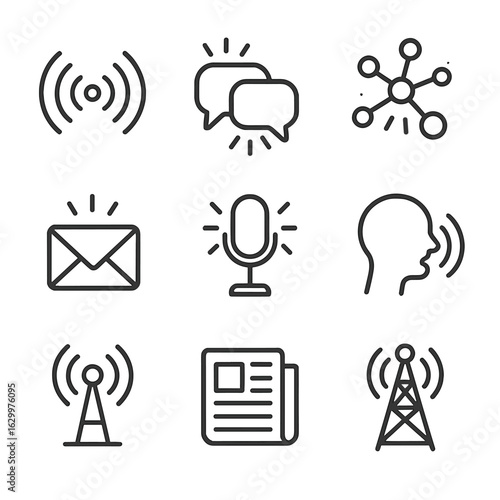 Communication Icon Set. Outline icon set of expansion communication: spreading signals, growing chat bubbles, expanding network