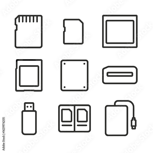 Camera Bag Storage Icons. Outline icon set of digital storage in camera bags: SD card, microSD, CF card, XQD card, SSD drive, card