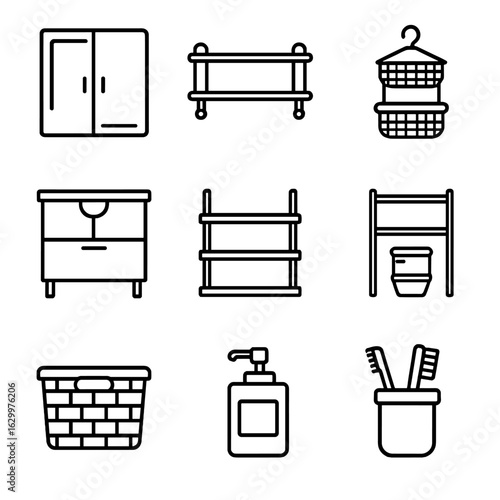 Bathroom Storage Icons. Outline icon set of bathroom storage solutions: medicine cabinets, towel racks, shower