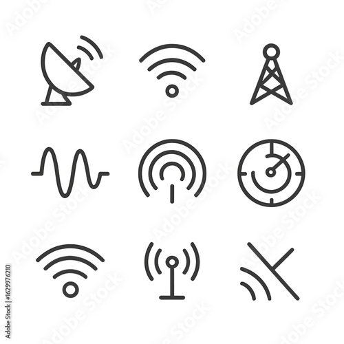 Communication Icons Grid. Outline icon set of communication echo: satellite dish, radio waves, signal tower, echo pulse, sonar,