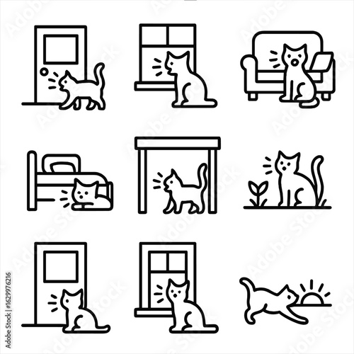Cat Meowing Icons. Outline icon set of meow in feline actions: meow at door, meow at window, meow on couch, meow in bed, meowing