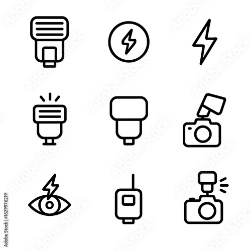 Camera Flash Icons. Outline icon set of camera flash elements: flash unit, flash sync, flash symbol, strobe light, diffuser,