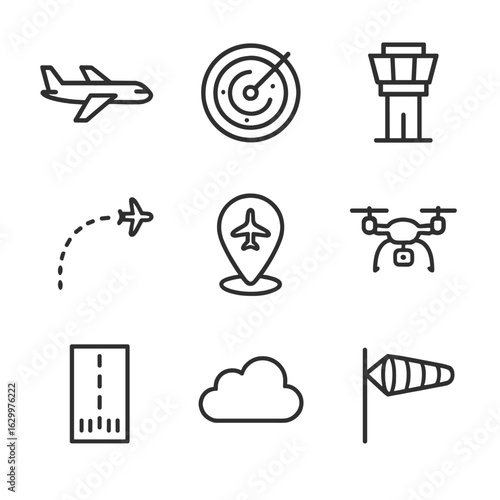 Aerial Navigation Icons. Outline icon set of aerial navigation: airplane, radar, control tower, flight path, GPS tracker, drone,