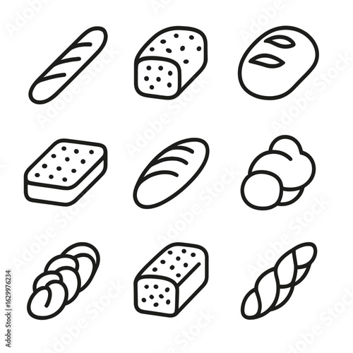 Artisanal Bread Icons. Outline icon set of artisanal bread varieties: baguette, ciabatta, sourdough, focaccia, rye loaf, brioche,