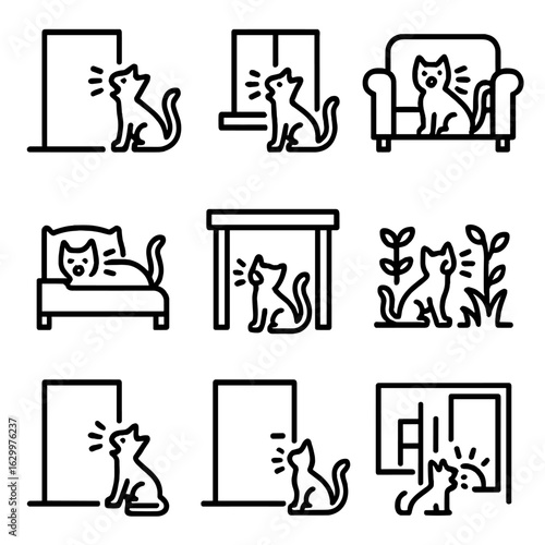 Cat Meowing Icons. Outline icon set of meow in feline actions: meow at door, meow at window, meow on couch, meow in bed, meowing