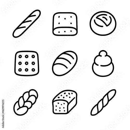 Artisanal Bread Icons. Outline icon set of artisanal bread varieties: baguette, ciabatta, sourdough, focaccia, rye loaf, brioche,